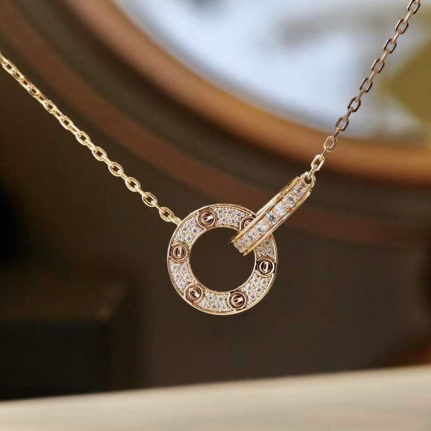 [Royal Jewellery]LOVE 7.6MM NECKLACE ROSE GOLD AND SILVER  FULL DIAMOND