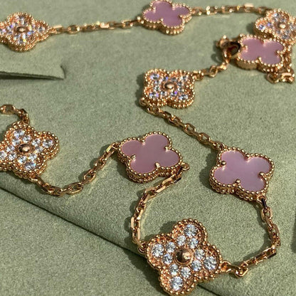 [Royal Jewellery]CLOVER 10 MOTIFS DIAMOND PINK MOP NECKLACE
