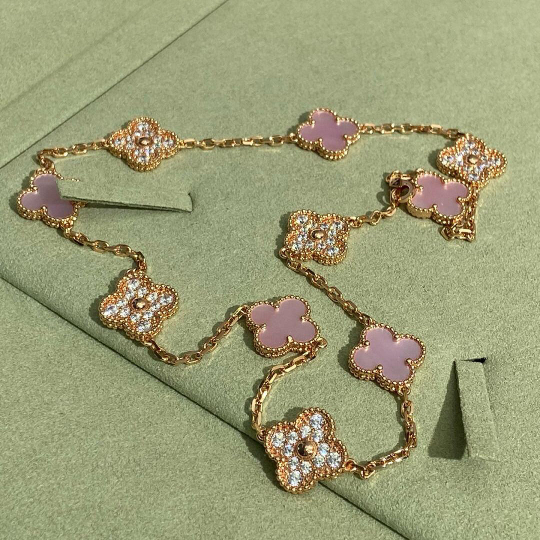 [Royal Jewellery]CLOVER 10 MOTIFS DIAMOND PINK MOP NECKLACE