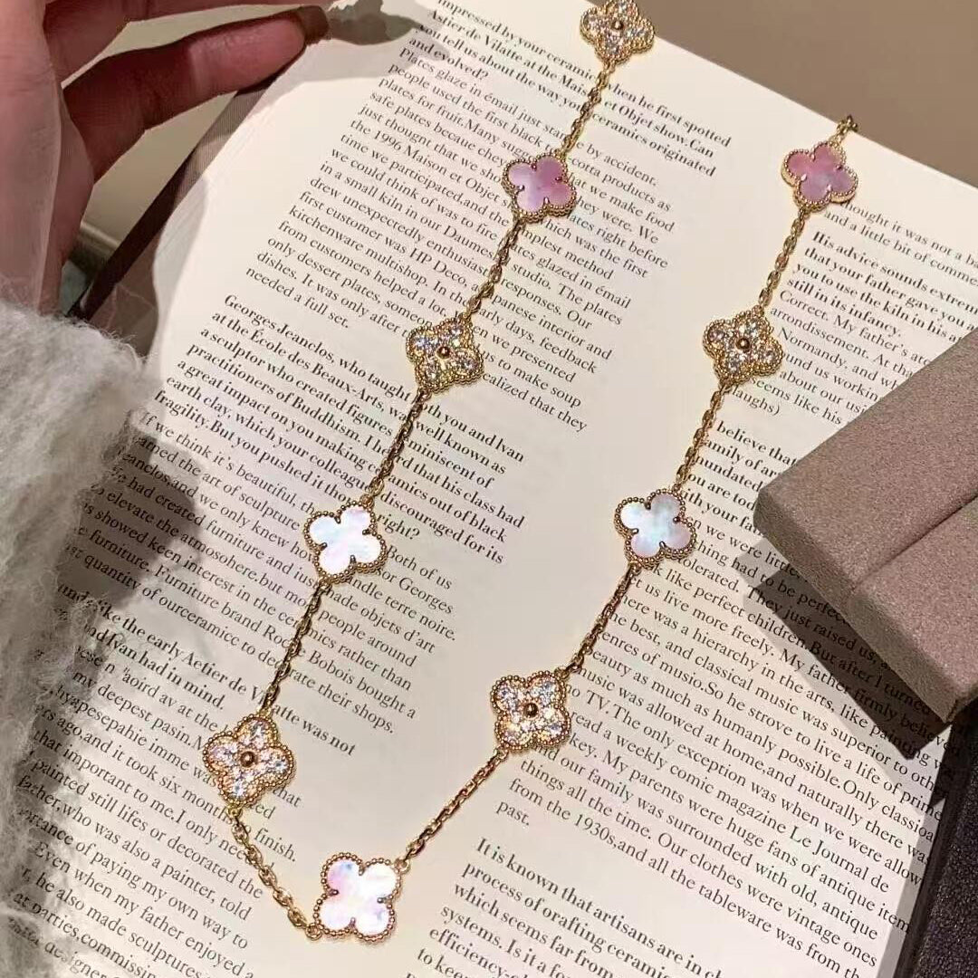 [Royal]CLOVER 20 MOTIFS DIAMOND PINK MOP NECKLACE
