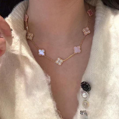 [Royal Jewellery]CLOVER 10 MOTIFS DIAMOND PINK MOP NECKLACE