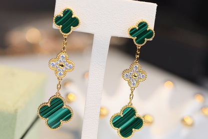 [Royal Jewellery]CLOVER EARRINGS GOLD MALACHITE DIAMOND 3 MOTIF