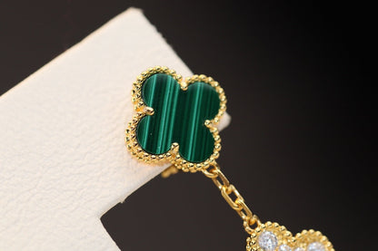 [Royal Jewellery]CLOVER EARRINGS GOLD MALACHITE DIAMOND 3 MOTIF