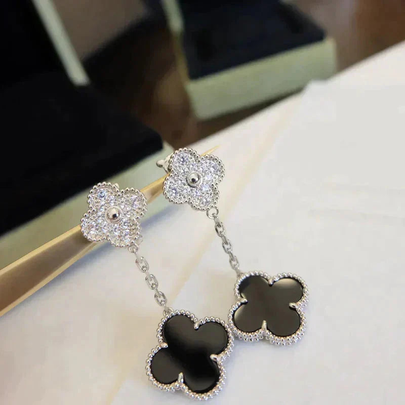 [Royal Jewellery]CLOVER 2 MOTIFS  DIAMOND ONYX EARRINGS SILVER