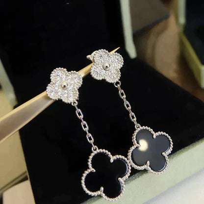 [Royal Jewellery]CLOVER 2 MOTIFS  DIAMOND ONYX EARRINGS SILVER