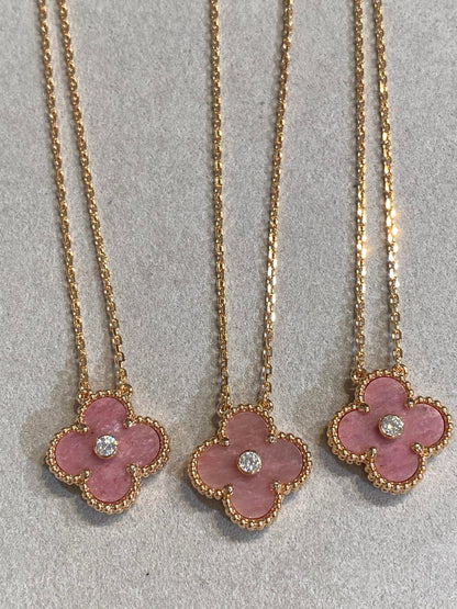 [Royal Jewellery]CLOVER 15MM DIAMOND RHODONITE NECKLACE