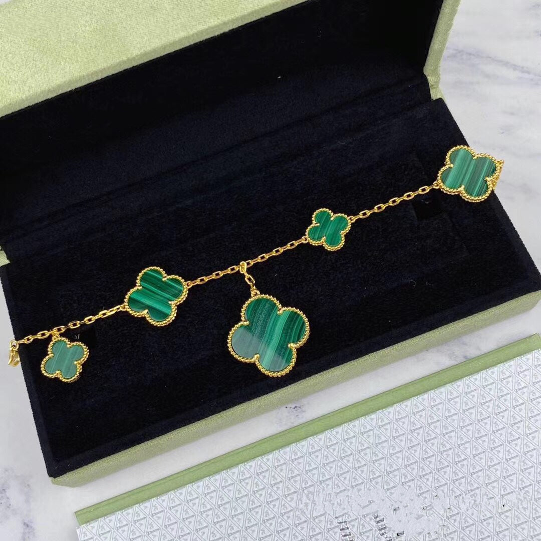 [Royal Jewellery]MAGIC CLOVER MALACHITE GOLD BRACELET 5 MOTIFS