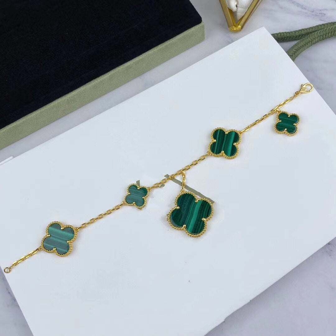[Royal Jewellery]MAGIC CLOVER MALACHITE GOLD BRACELET 5 MOTIFS