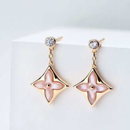 [Royal Jewellery]DOUBLE STAR PINK GOLD MOP DROP EARRINGS