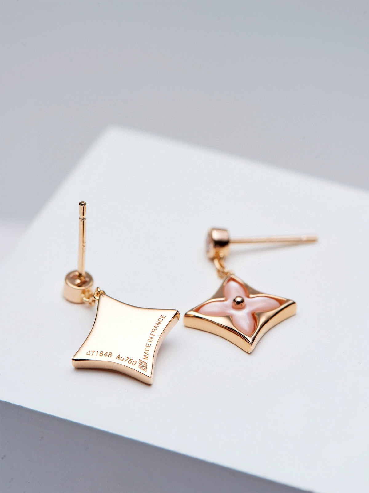 [Royal Jewellery]DOUBLE STAR PINK GOLD MOP DROP EARRINGS