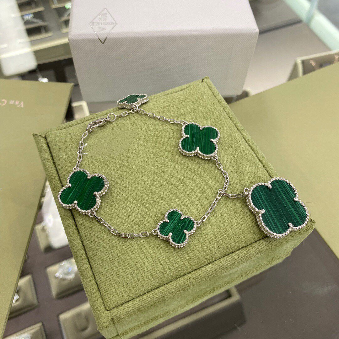 [Royal Jewellery]CLOVER 5 MOTIFS SIVLER MALACHITE BRACELET