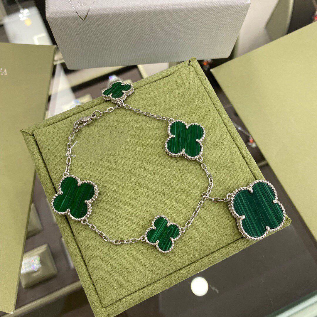 [Royal Jewellery]CLOVER 5 MOTIFS SIVLER MALACHITE BRACELET