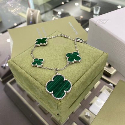 [Royal Jewellery]CLOVER 5 MOTIFS SIVLER MALACHITE BRACELET