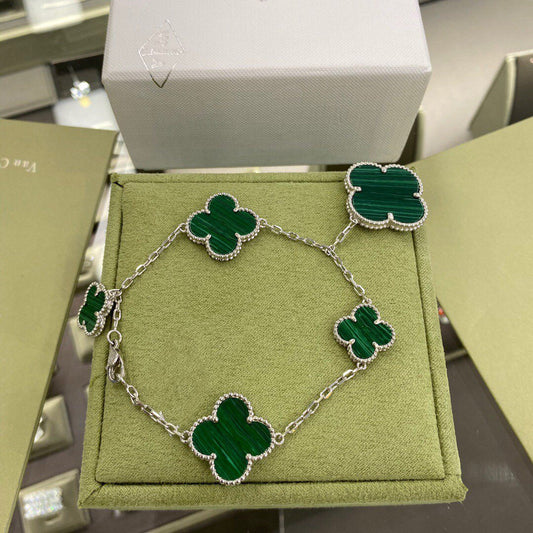 [Royal Jewellery]CLOVER 5 MOTIFS SIVLER MALACHITE BRACELET