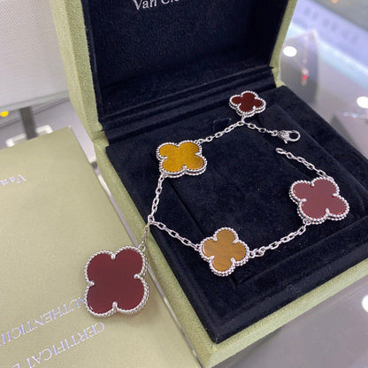 [Royal Jewellery]CLOVER 5 MOTIFS SIVLER CARNELIAN TIGER EYE BRACELET