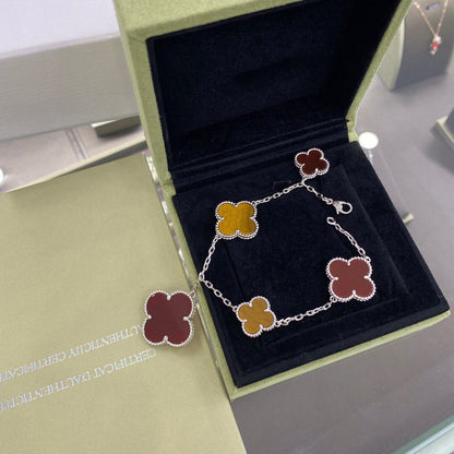 [Royal Jewellery]CLOVER 5 MOTIFS SIVLER CARNELIAN TIGER EYE BRACELET