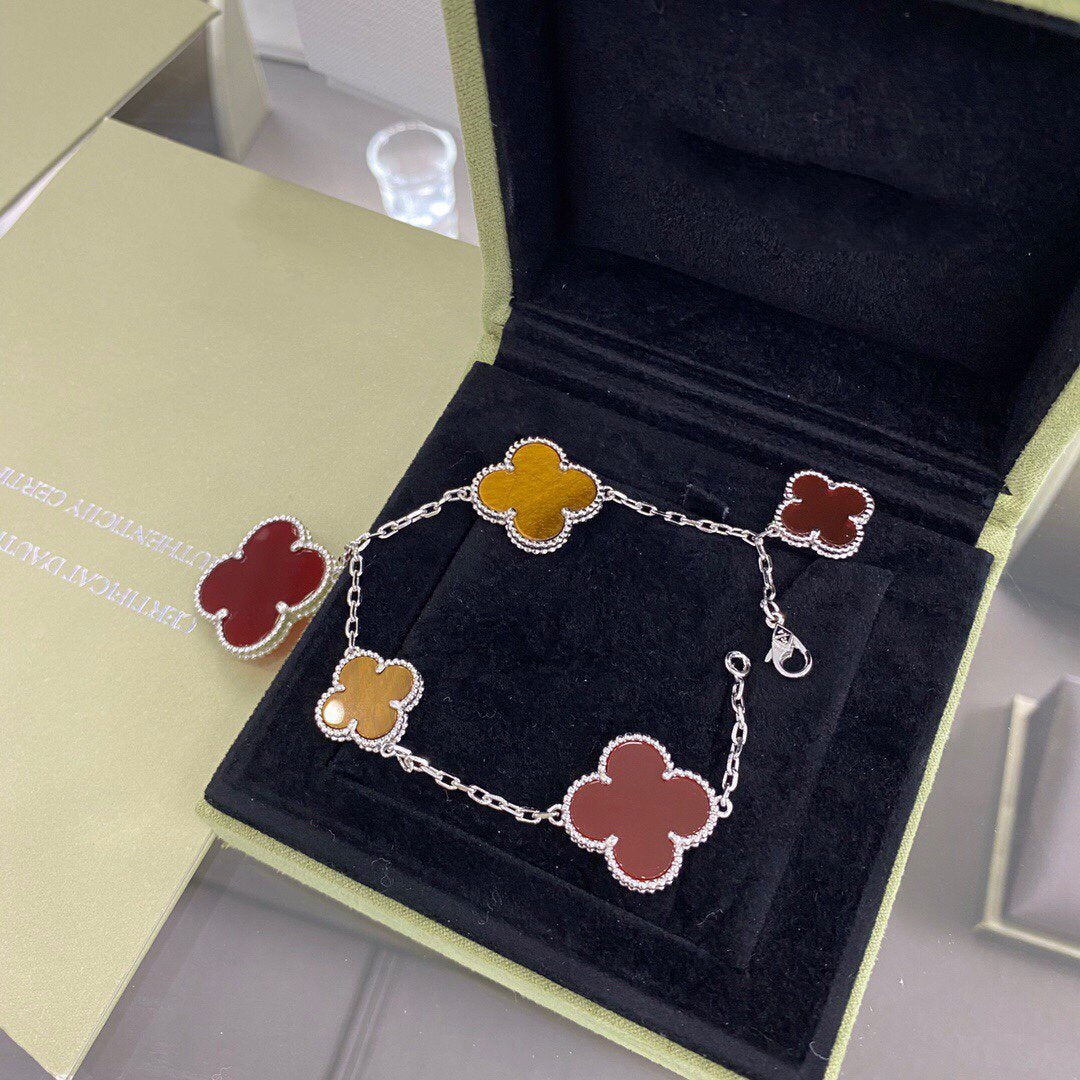 [Royal Jewellery]CLOVER 5 MOTIFS SIVLER CARNELIAN TIGER EYE BRACELET