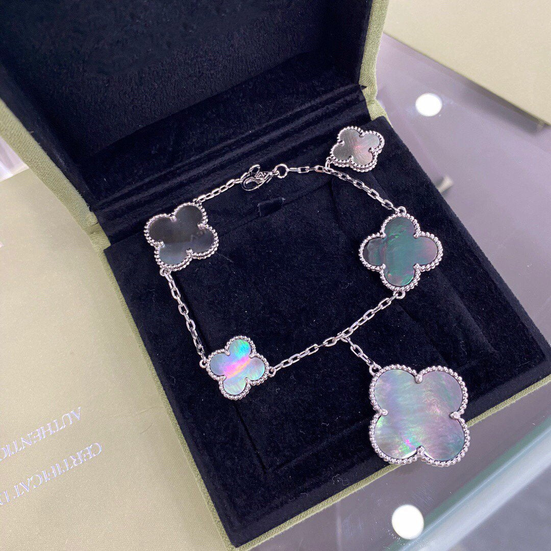 [Royal Jewellery]CLOVER 5 MOTIFS SIVLER DARK MOP BRACELET