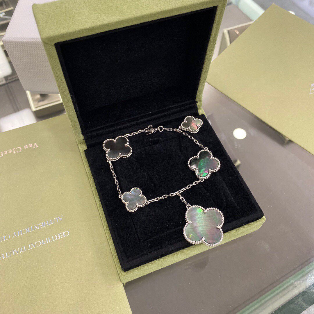 [Royal Jewellery]CLOVER 5 MOTIFS SIVLER DARK MOP BRACELET