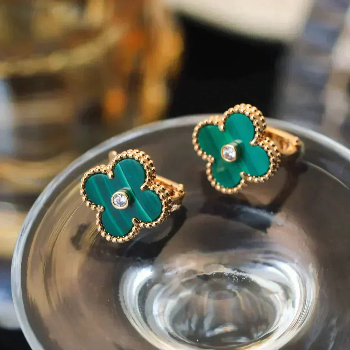 [Royal Jewellery]CLOVER MEDIUM 1 MOTIFS MALACHITE DIAMOND EARRINGS