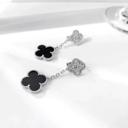[Royal Jewellery]CLOVER 2 MOTIFS  DIAMOND ONYX EARRINGS SILVER