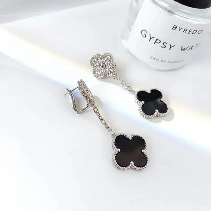 [Royal Jewellery]CLOVER 2 MOTIFS  DIAMOND ONYX EARRINGS SILVER