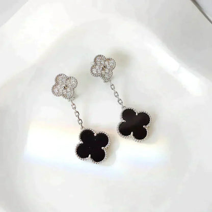[Royal Jewellery]CLOVER 2 MOTIFS  DIAMOND ONYX EARRINGS SILVER