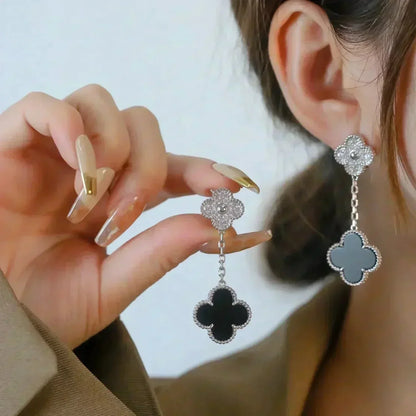 [Royal Jewellery]CLOVER 2 MOTIFS  DIAMOND ONYX EARRINGS SILVER