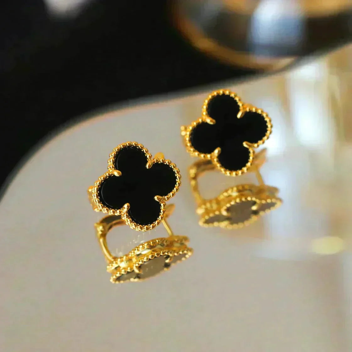 [Royal Jewellery]CLOVER MEDIUM 1 MOTIFS  ONYX STUD EARRINGS