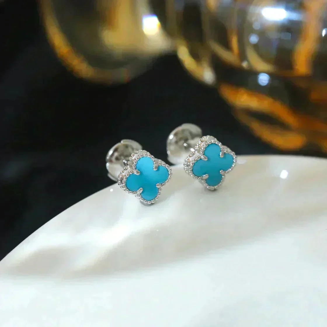 [Royal Jewellery]CLOVER MINI 9.5MM ONYX STUD EARRINGS SILVER