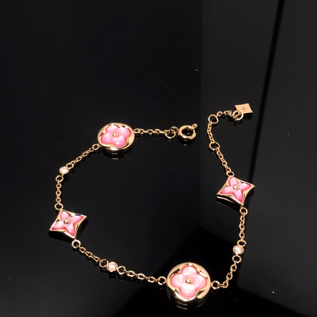 [Royal Jewellery]STAR AND SUN 4 MOTIF PINK MOP PINK GOLD BRACELET