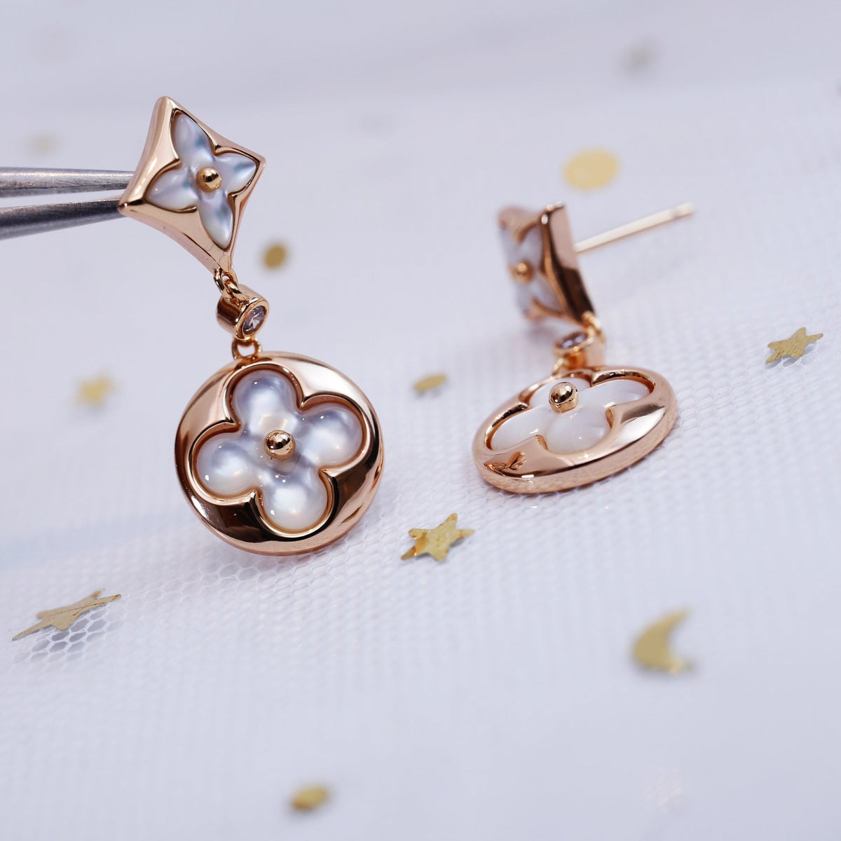 [Royal Jewellery]STAR AND SUN PINK GOLD MOP DROP EARRINGS