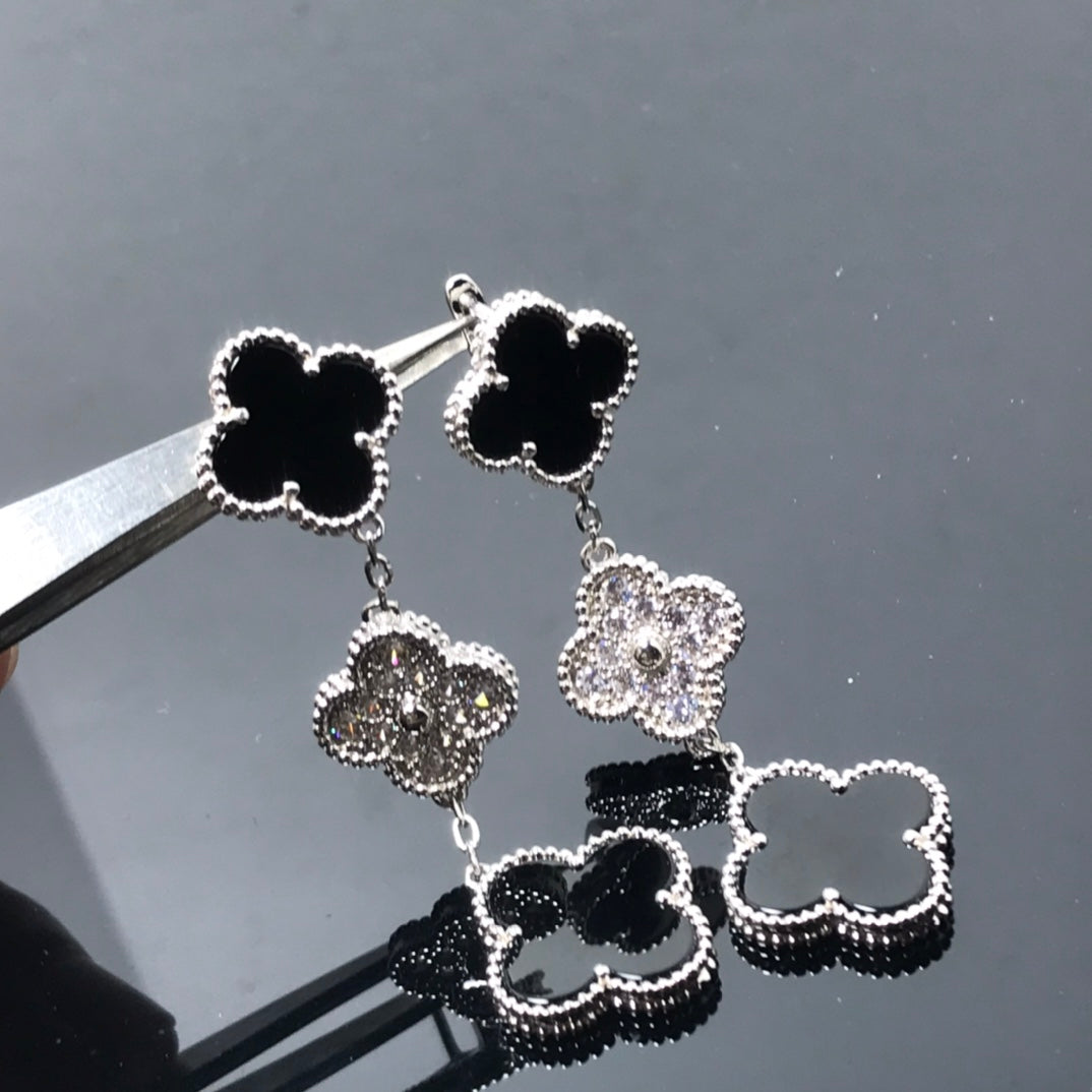 [Royal Jewellery]CLOVER 3 MOTIF DIAMOND ONYX SILVER EARRINGS