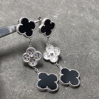 [Royal Jewellery]CLOVER 3 MOTIF DIAMOND ONYX SILVER EARRINGS