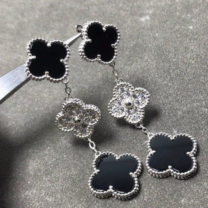 [Royal Jewellery]CLOVER 3 MOTIF DIAMOND ONYX SILVER EARRINGS