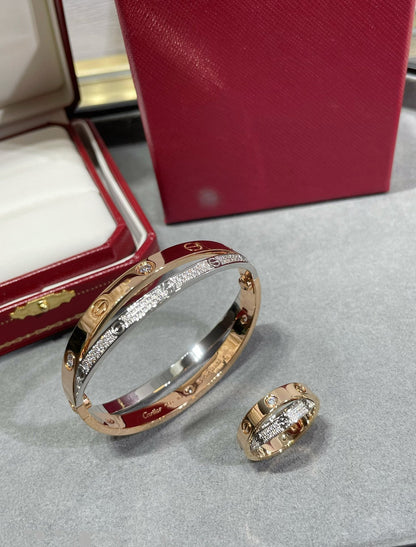 [Royal Jewellery]LOVE PINK GOLD SILVER DIAMOND DOUBLE RING