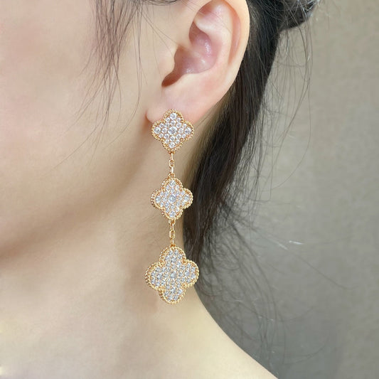 [Royal Jewellery]CLOVER 3 MOTIFS DIAMOND PAVED ROSE GOLD EARRINGS