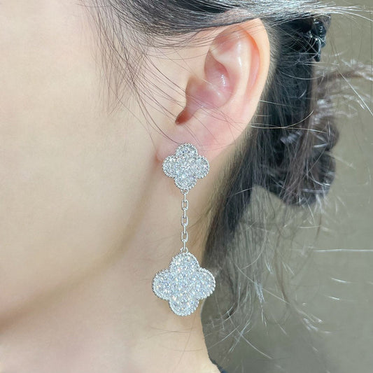 [Royal Jewellery]CLOVER 2 MOTIFS DIAMOND PAVED SILVER EARRINGS