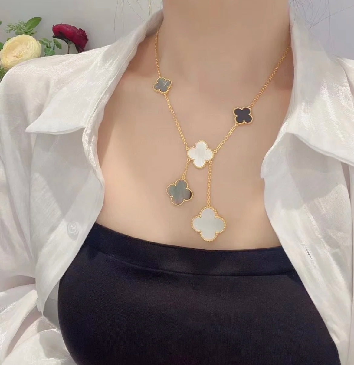 [Royal Jewellery]CLOVER 6 MOTIF MOP ONYX GOLD NECKLACE