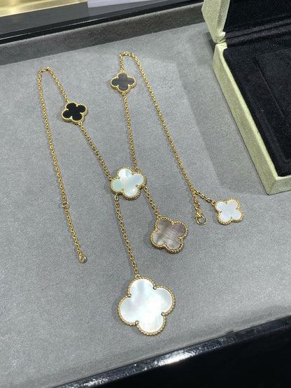 [Royal Jewellery]CLOVER 6 MOTIF MOP ONYX GOLD NECKLACE