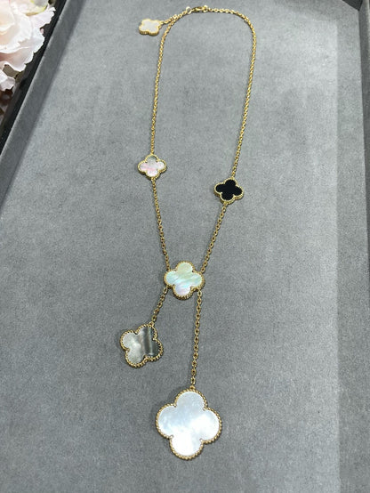 [Royal Jewellery]CLOVER 6 MOTIF MOP ONYX GOLD NECKLACE