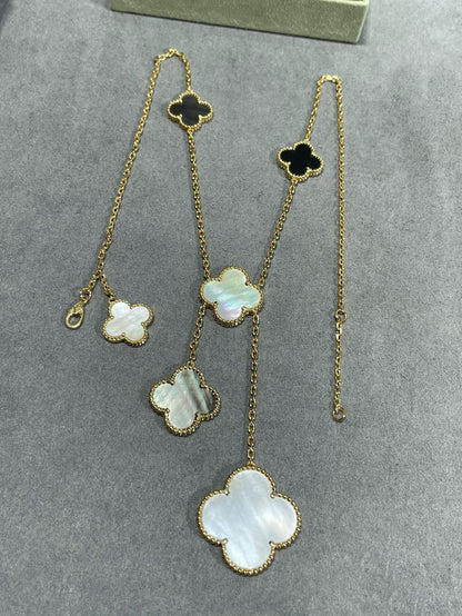 [Royal Jewellery]CLOVER 6 MOTIF MOP ONYX GOLD NECKLACE