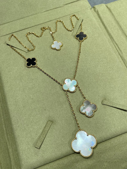 [Royal Jewellery]CLOVER 6 MOTIF MOP ONYX GOLD NECKLACE