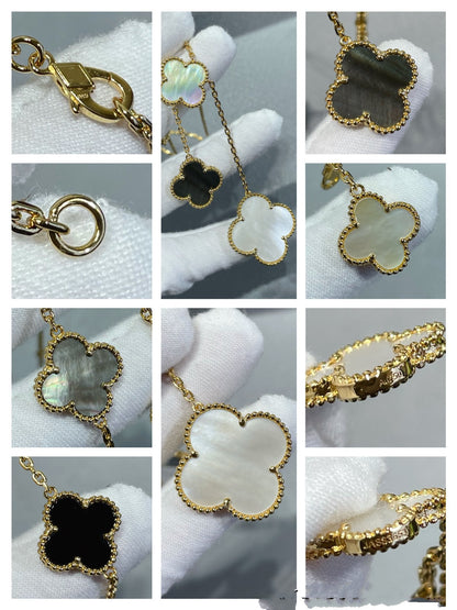 [Royal Jewellery]CLOVER 6 MOTIF MOP ONYX GOLD NECKLACE