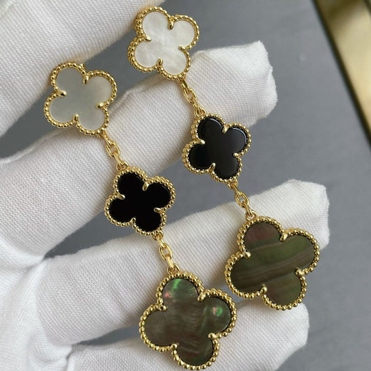 [Royal Jewellery]CLOVER 3 MOTIF MOP ONYX DARK MOP PINK GOLD EARRINGS