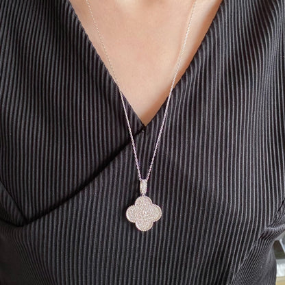 [Royal Jewellery]CLOVER 25MM LARGE PEDANT DIAMOND PAVED LONG NECKLACE