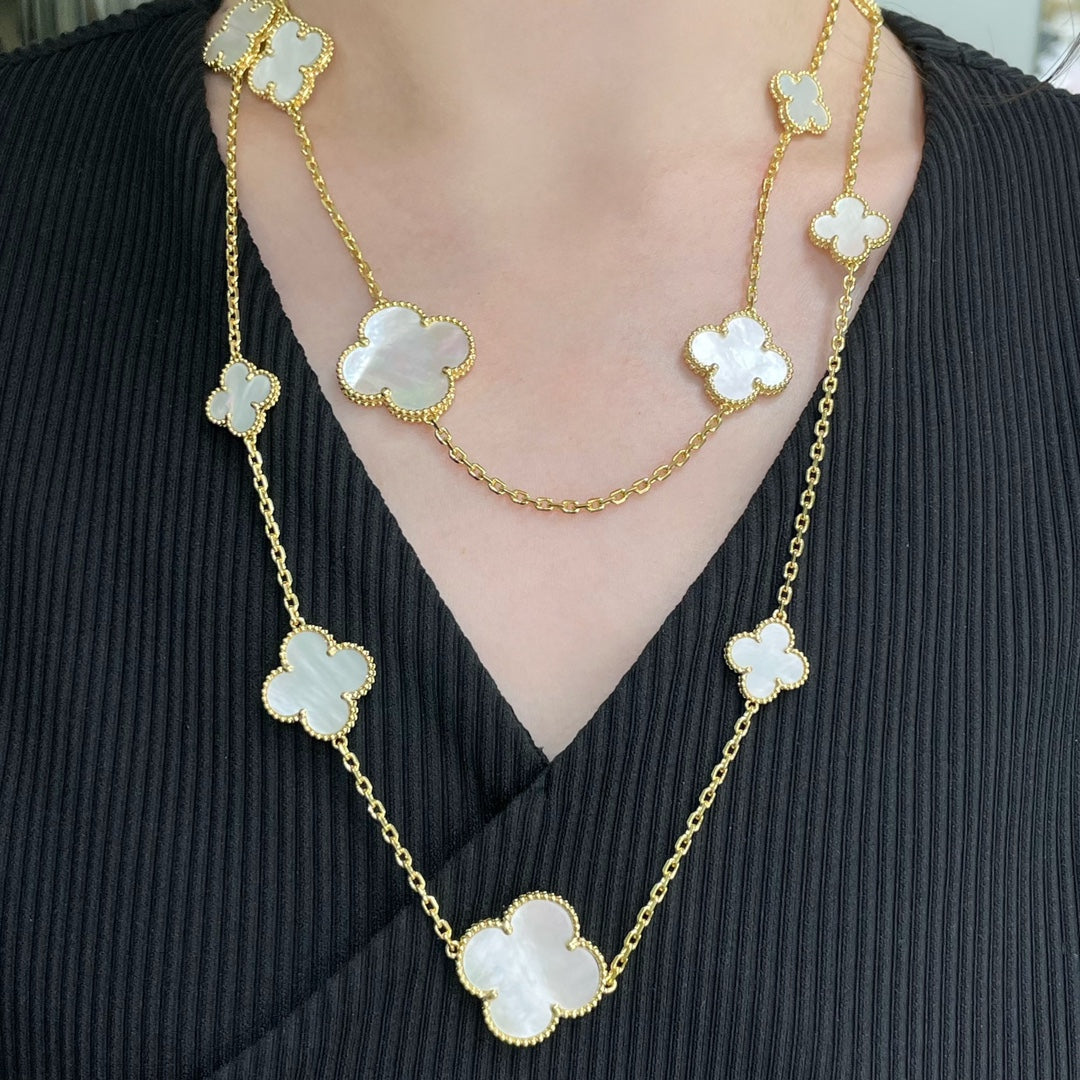 [Royal Jewellery]CLOVER 16 MOTIF WHITE MOP GOLD NECKLACE