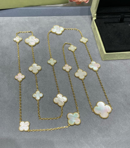 [Royal Jewellery]CLOVER 16 MOTIF WHITE MOP GOLD NECKLACE