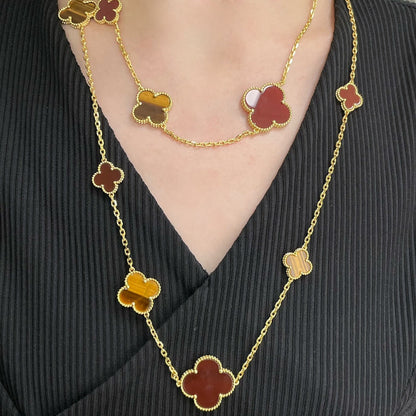 [Royal Jewellery]CLOVER 16 MOTIF CARNELIAN TIGER EYE ROSE GOLD NECKLACE
