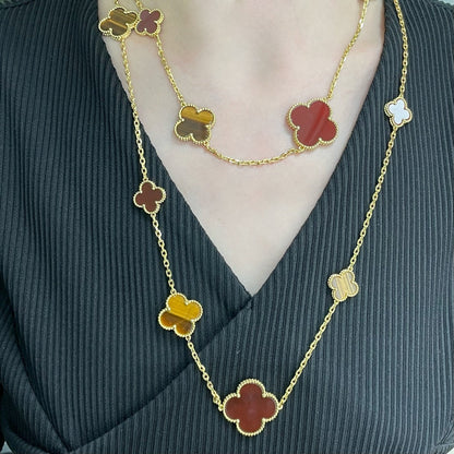 [Royal Jewellery]CLOVER 16 MOTIF CARNELIAN TIGER EYE ROSE GOLD NECKLACE